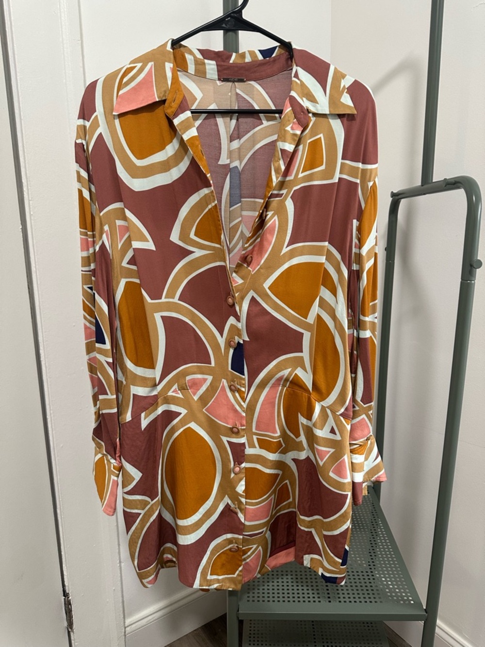 Alexis Long Sleeve Printed Mini Dress in Tan, Pink, Navy & Mustard - Picture 2 of 6